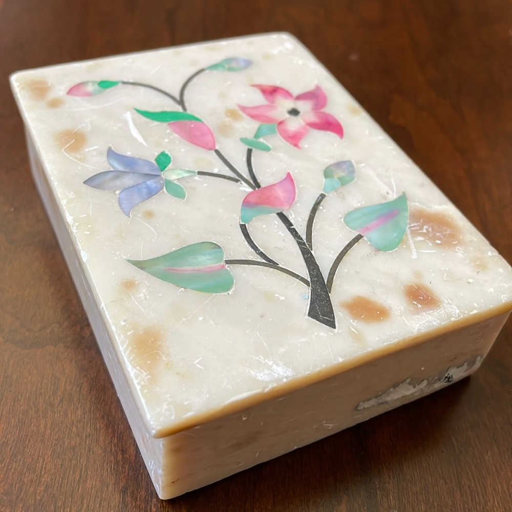 Soapstone stone trinket box moths of pearl inlay floral pattern